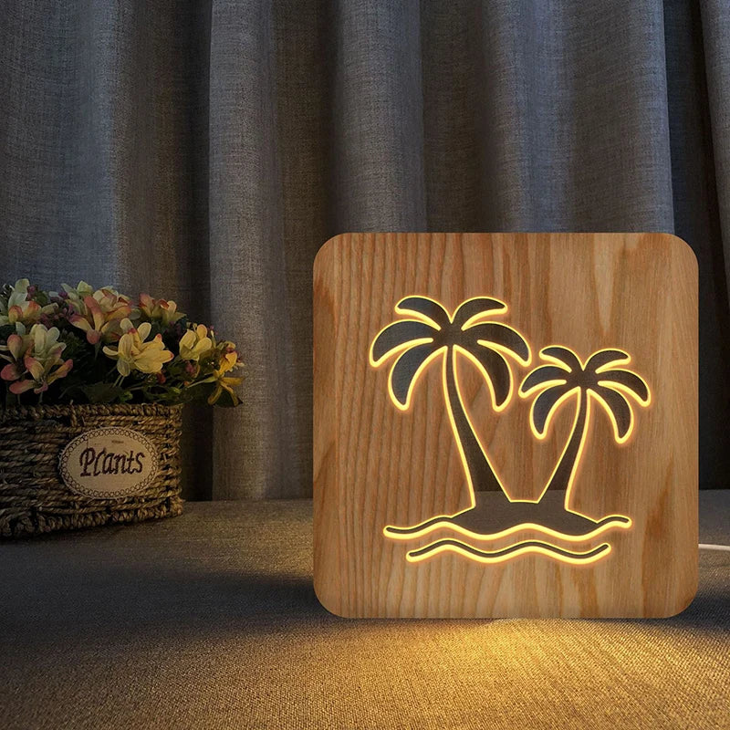 Acecorner LED Wooden Lamp – Lotus, Coconut Tree 3D Night Light