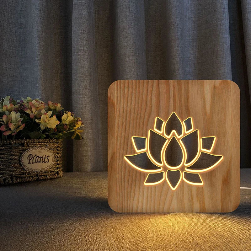 Acecorner LED Wooden Lamp – Lotus, Coconut Tree 3D Night Light