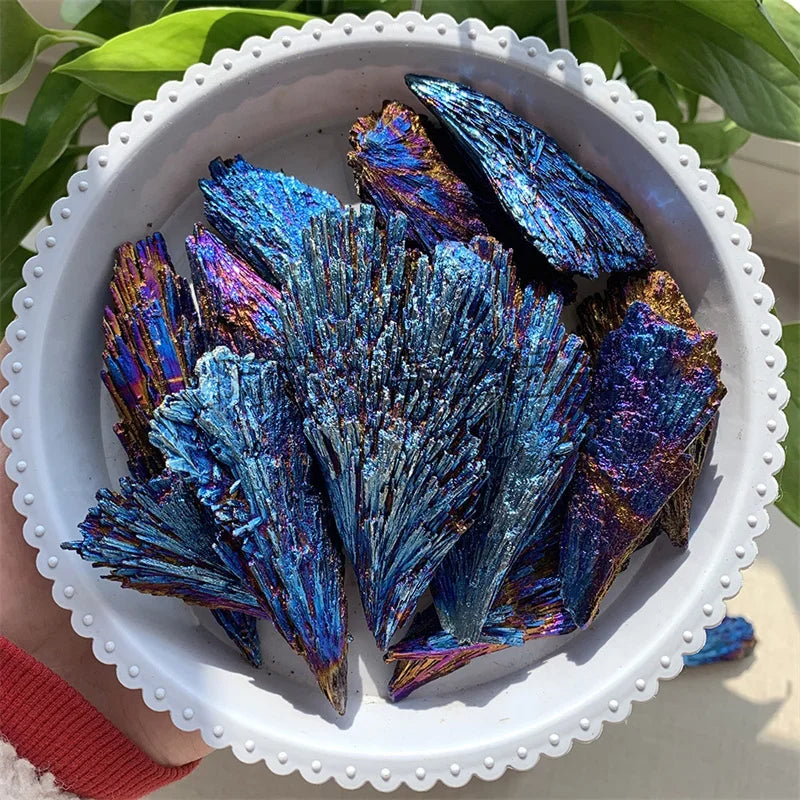 Blue Tourmaline Peacock Feather Crystal Healing Stone Electroplated Black Tourmaline Reiki Mineral Specimen DIY Tourmaline