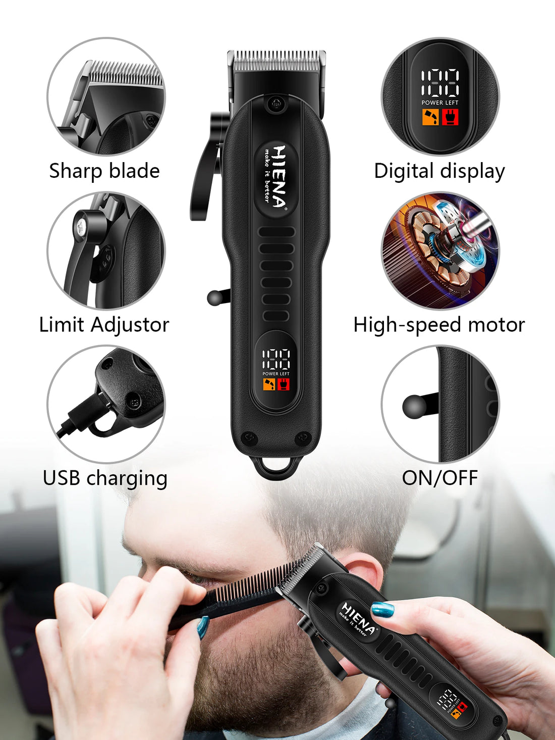 Professional Barber Electric Hair clipper LED display screen UBS charging Trimmer Powerful electric hair clipper trimmer tool