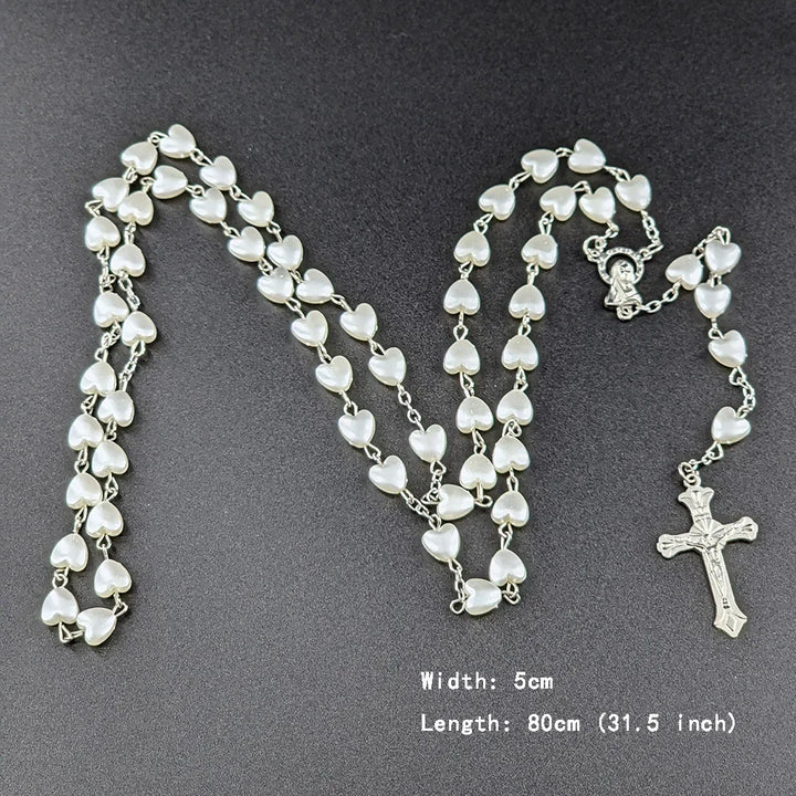 White Heart Rosary Necklace with Virgin Mary & INRI Cross Pendant