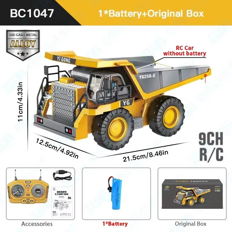 ZWN 2.4G Remote Control Excavator Dump Truck RC Model Car Toy Professional Alloy Plastic Simulation Construction Vehicle for Kid