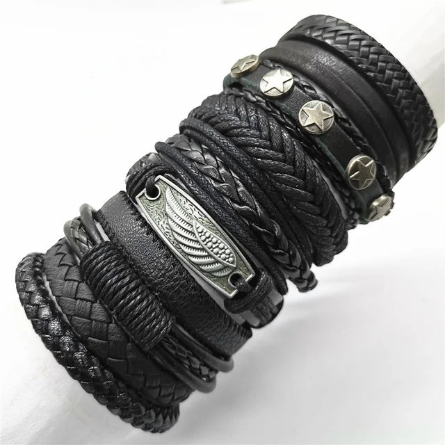 10PCS Black Woven Leather Bracelets – Handmade Unisex Bangles