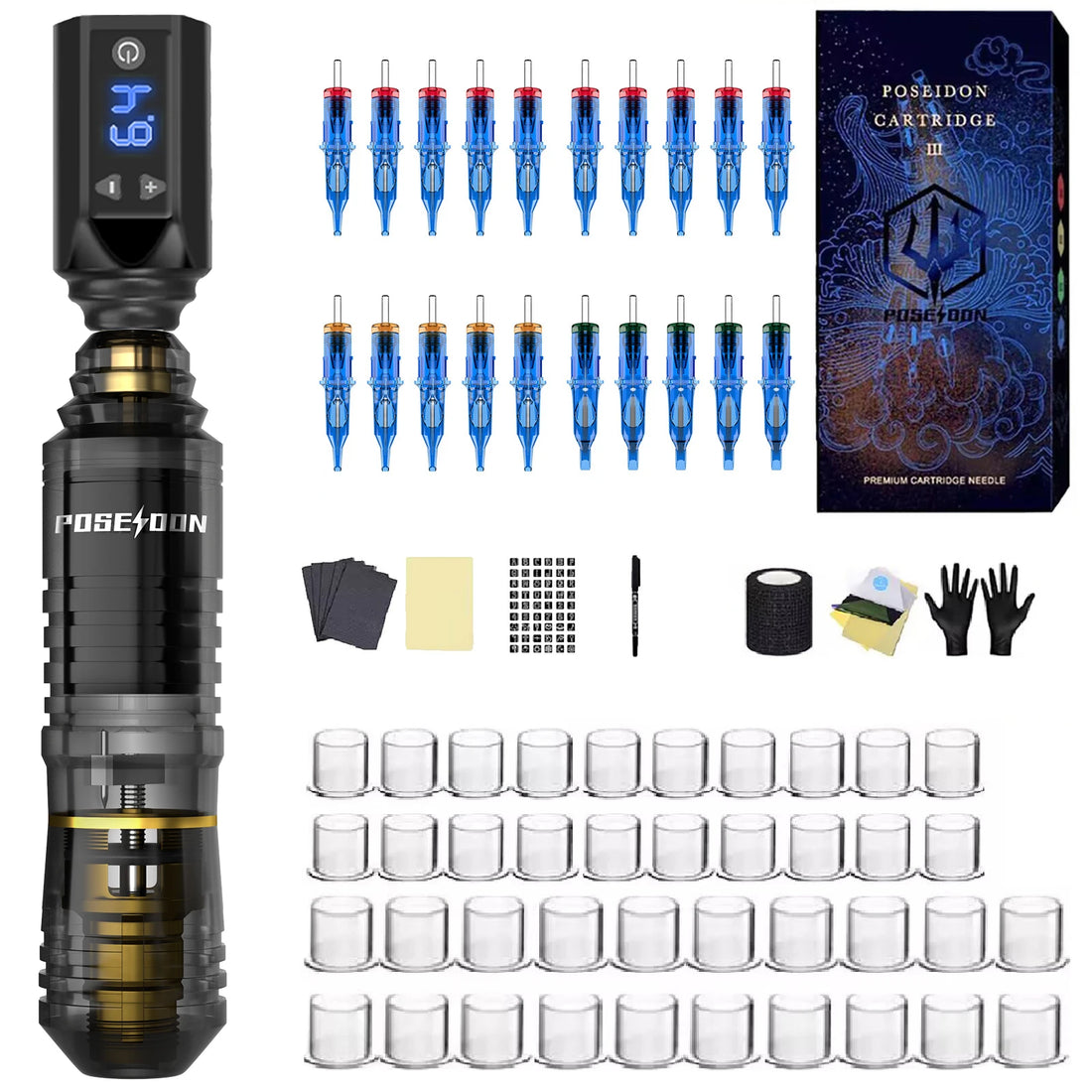 Tattoo Kit POSEIDON Transparent Tattoo Pen Kit For Permanent Makeup Tattoo Machine Kit Wireless Tattoo Power Supply Tattoo Gun