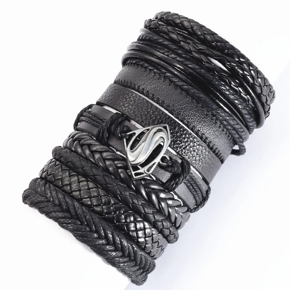 10PCS Black Woven Leather Bracelets – Handmade Unisex Bangles