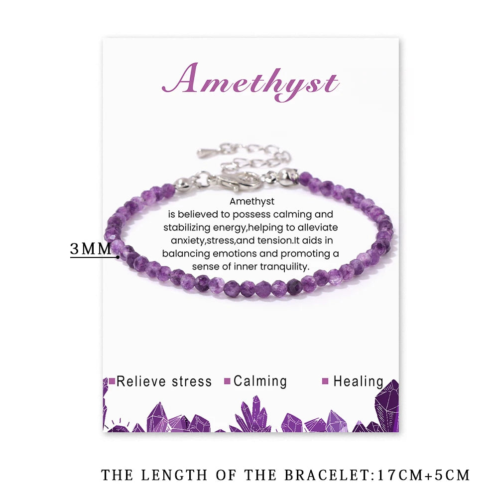 3mm Natural Faceted Stone Bracelet – Amethyst & Quartz Reiki Jewelry