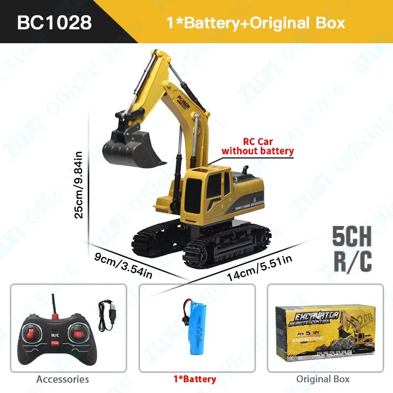 ZWN 2.4G Remote Control Excavator Dump Truck RC Model Car Toy Professional Alloy Plastic Simulation Construction Vehicle for Kid