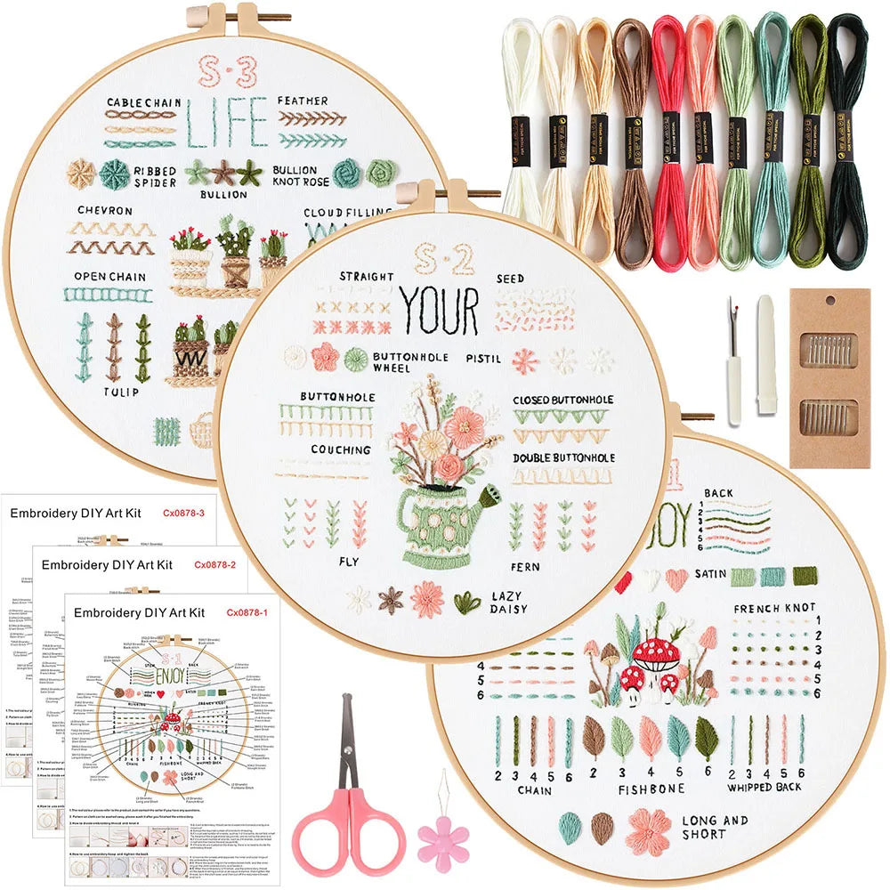 Embroidery Kit for Beginners – 3 Set Starter Pack with Tools