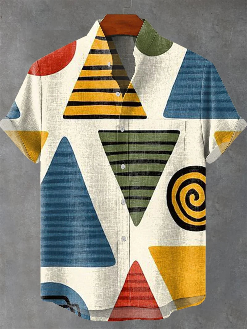 New Men's Comfortable Linen Short Sleeve Shirt High Quality Costume Art Print Cartoon Cat Pattern New Series