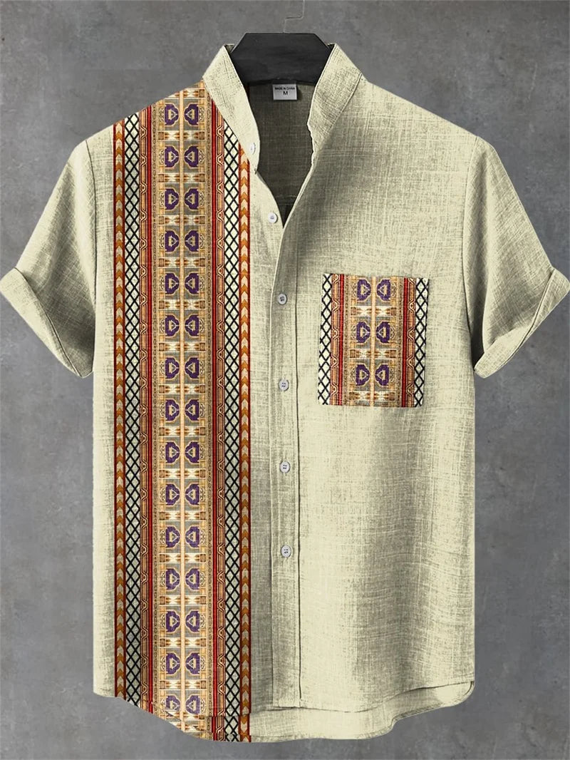 New Men's Comfortable Linen Short Sleeve Shirt High Quality Costume Art Print Cartoon Cat Pattern New Series