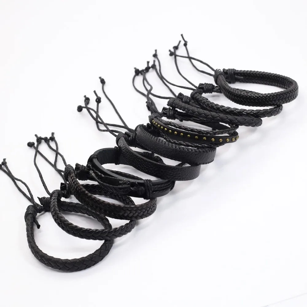 10PCS Black Woven Leather Bracelets – Handmade Unisex Bangles