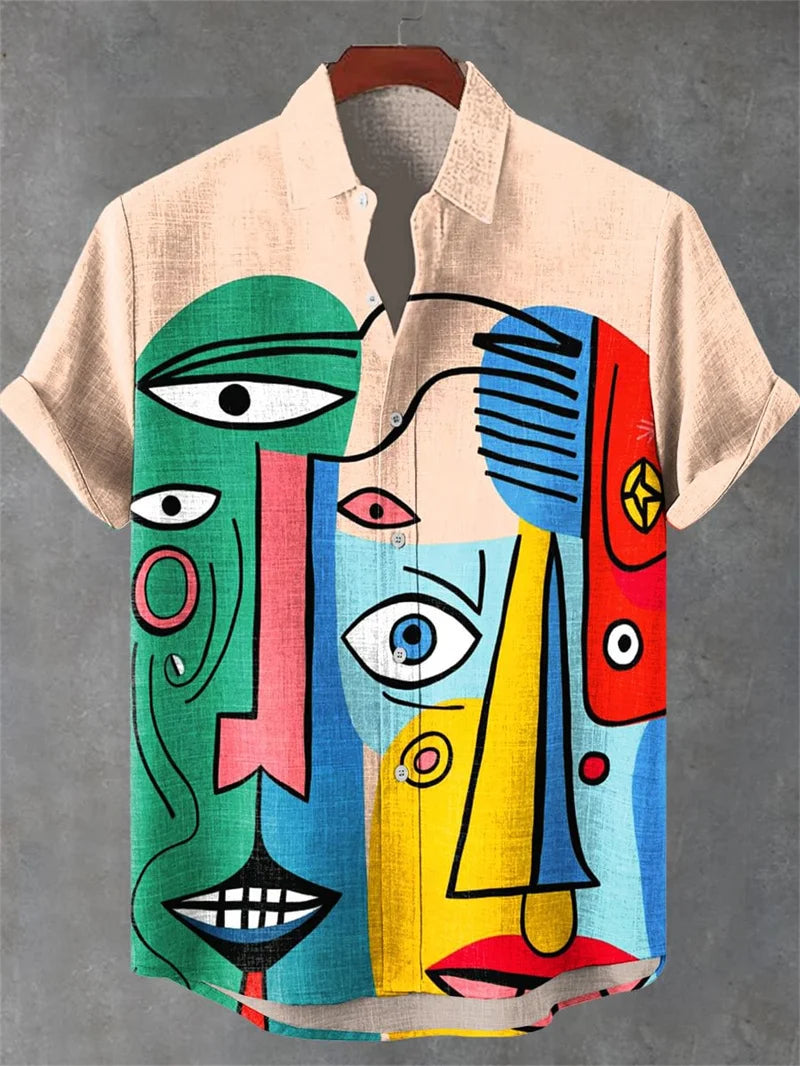 New Men's Comfortable Linen Short Sleeve Shirt High Quality Costume Art Print Cartoon Cat Pattern New Series