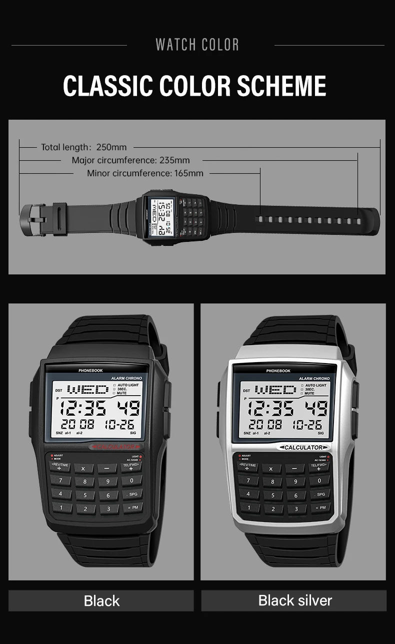 Multifunctional Men's Calculator Watch Fashion Luxury LED Electronic Watch Digital Sports Waterproof Watch Computer Style