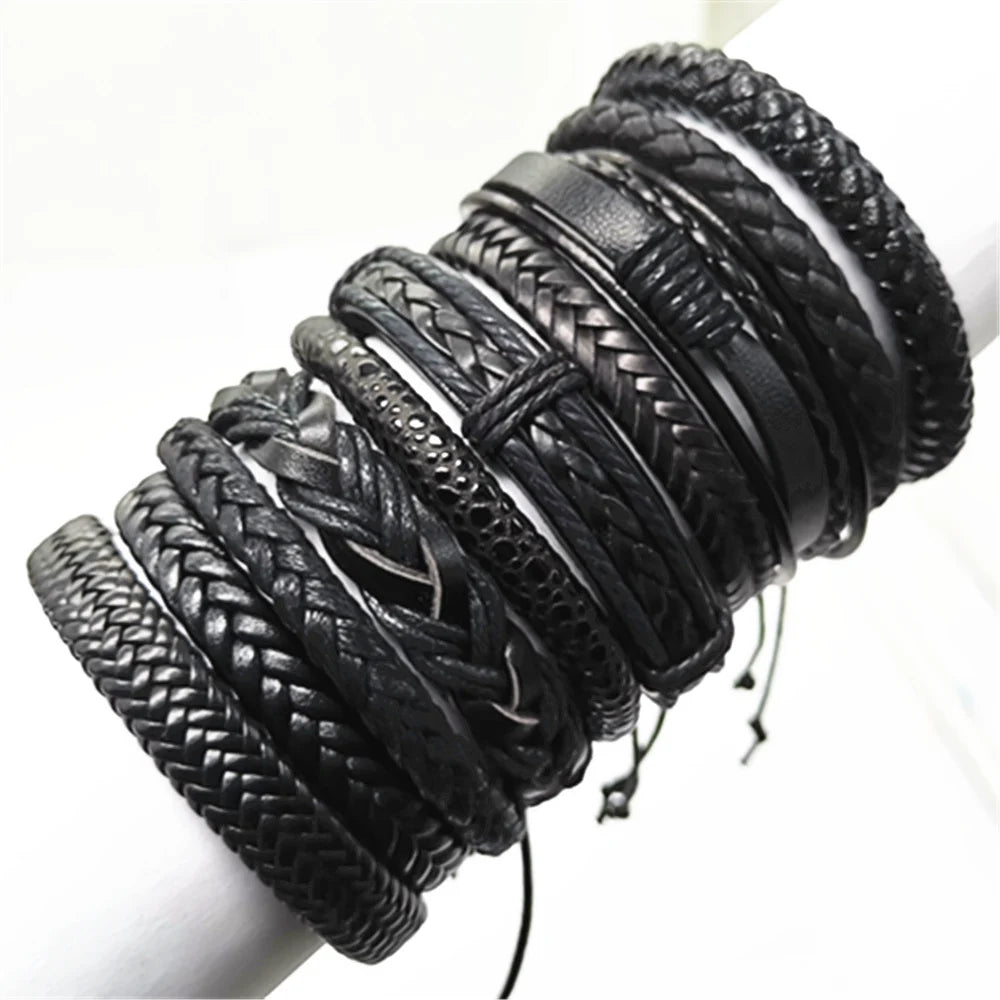 10PCS Black Woven Leather Bracelets – Handmade Unisex Bangles