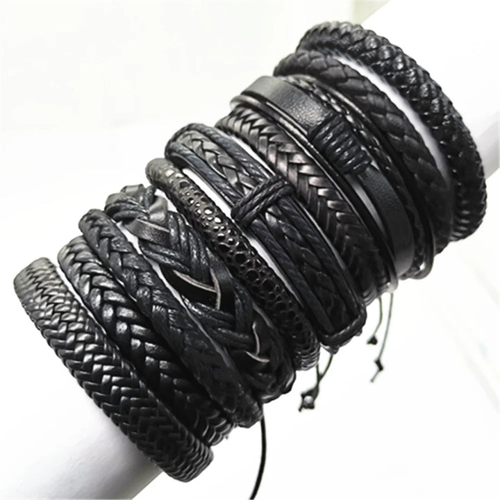 10PCS Black Woven Leather Bracelets – Handmade Unisex Bangles