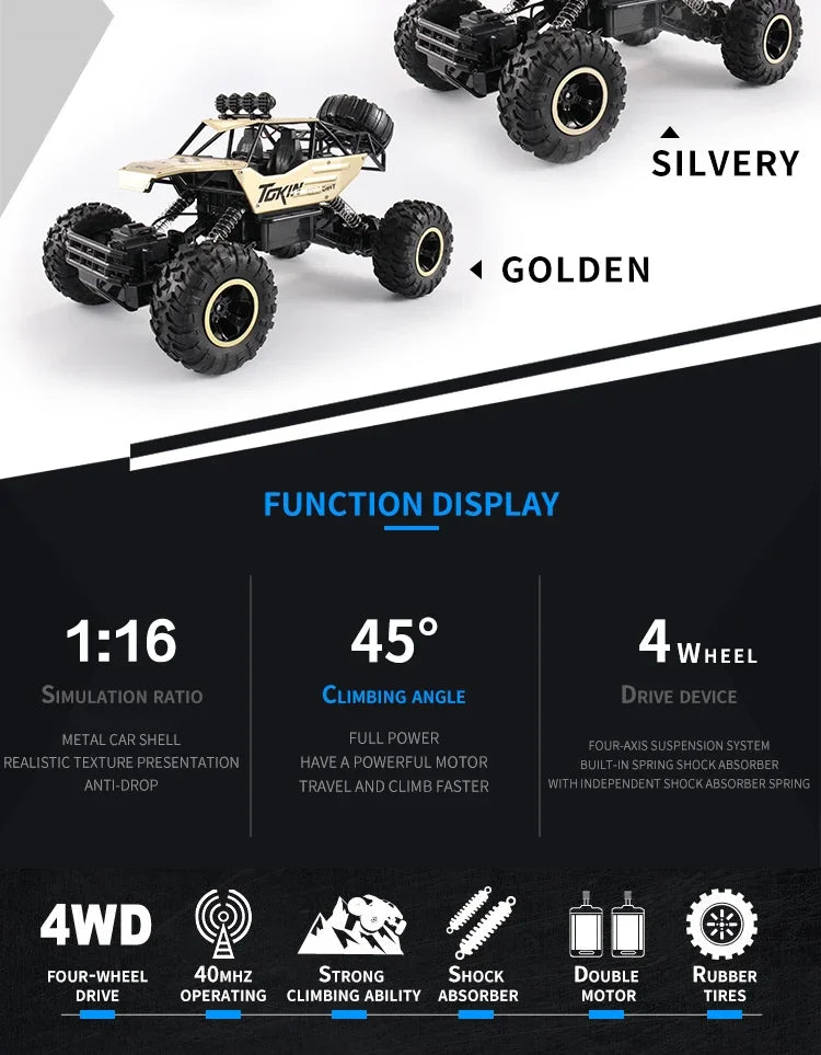 4WD 1:12/16 Scale All Terrain RC Car 20KM/H High Speed Electric Vehicle Remote Control Off-Road Truck LED HeadLight Gifts Adults