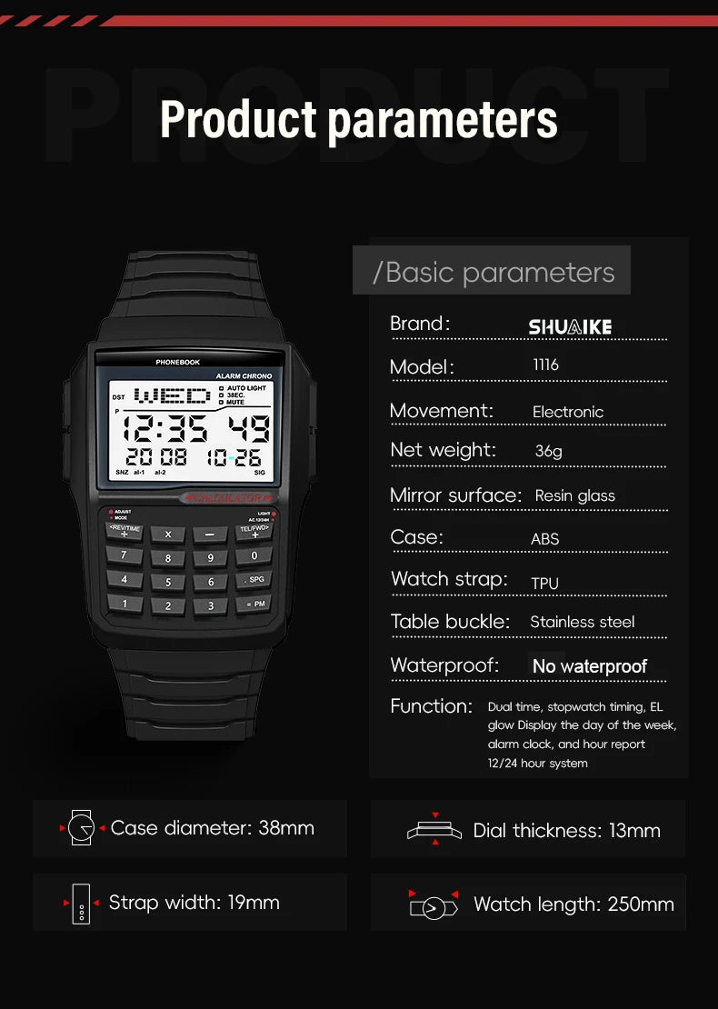 Multifunctional Men's Calculator Watch Fashion Luxury LED Electronic Watch Digital Sports Waterproof Watch Computer Style