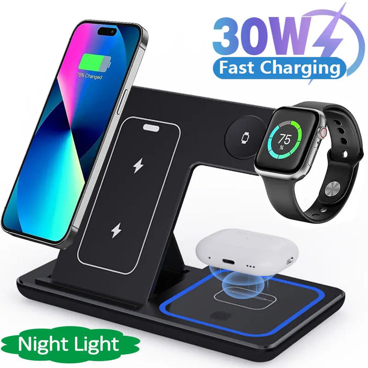 30W 3-in-1 Foldable Fast Wireless Charger Stand