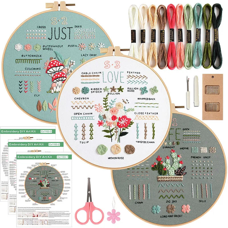 Embroidery Kit for Beginners – 3 Set Starter Pack with Tools