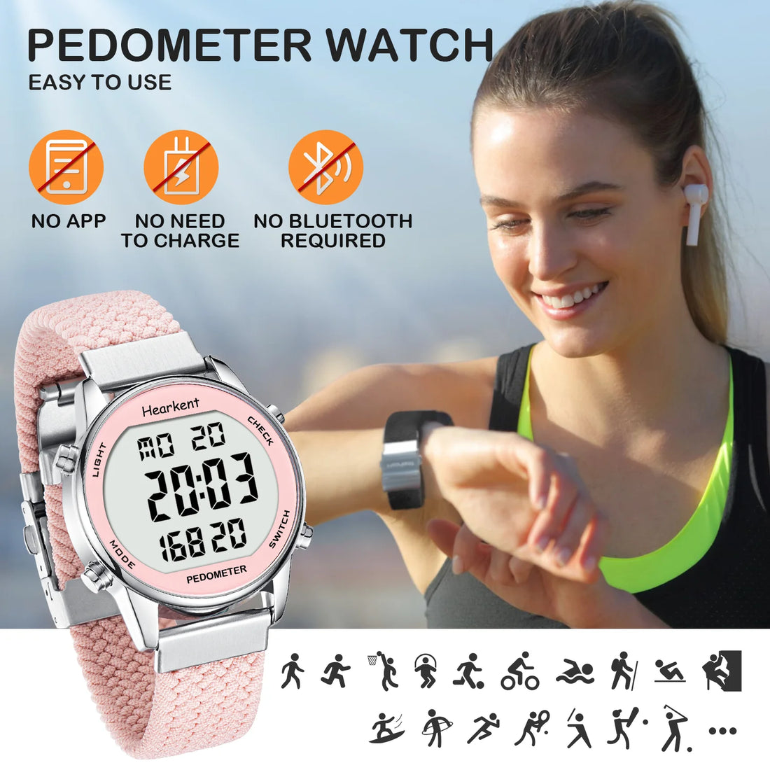 Hearkent Pedometer Sport Watches Step Counter Watch Women Digital Watches Calories Mile Stopwatch Countdown for Walking Tracker