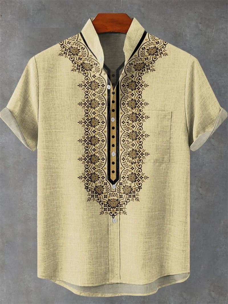 New Men's Comfortable Linen Short Sleeve Shirt High Quality Costume Art Print Cartoon Cat Pattern New Series