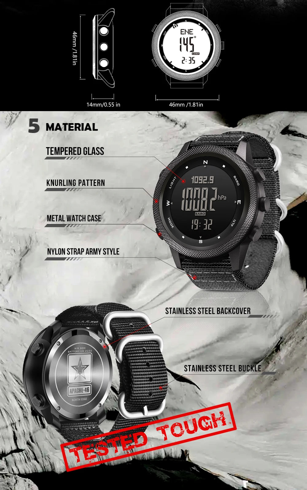 NORTH EDGE APACHE-46 Men Digital Watch Outdoor Sports Running Swimming Outdoor Sport Watches Altimeter Barometer Compass WR50M