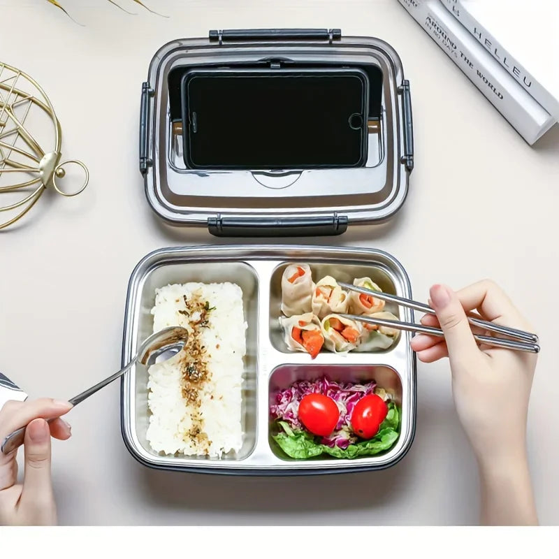 Stainless Steel Leak-Proof Lunch Box – 3/4 Compartment Bento for School & Office