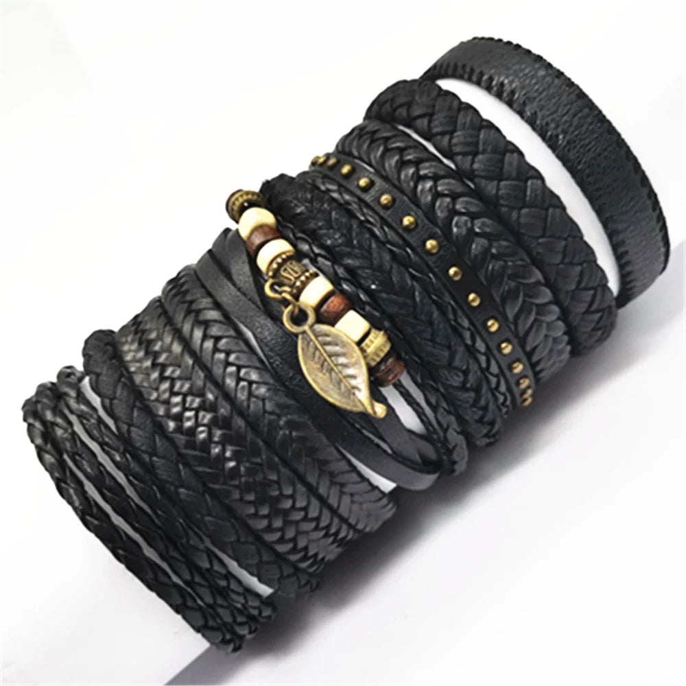 10PCS Black Woven Leather Bracelets – Handmade Unisex Bangles