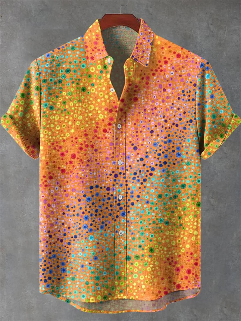 New Men's Comfortable Linen Short Sleeve Shirt High Quality Costume Art Print Cartoon Cat Pattern New Series