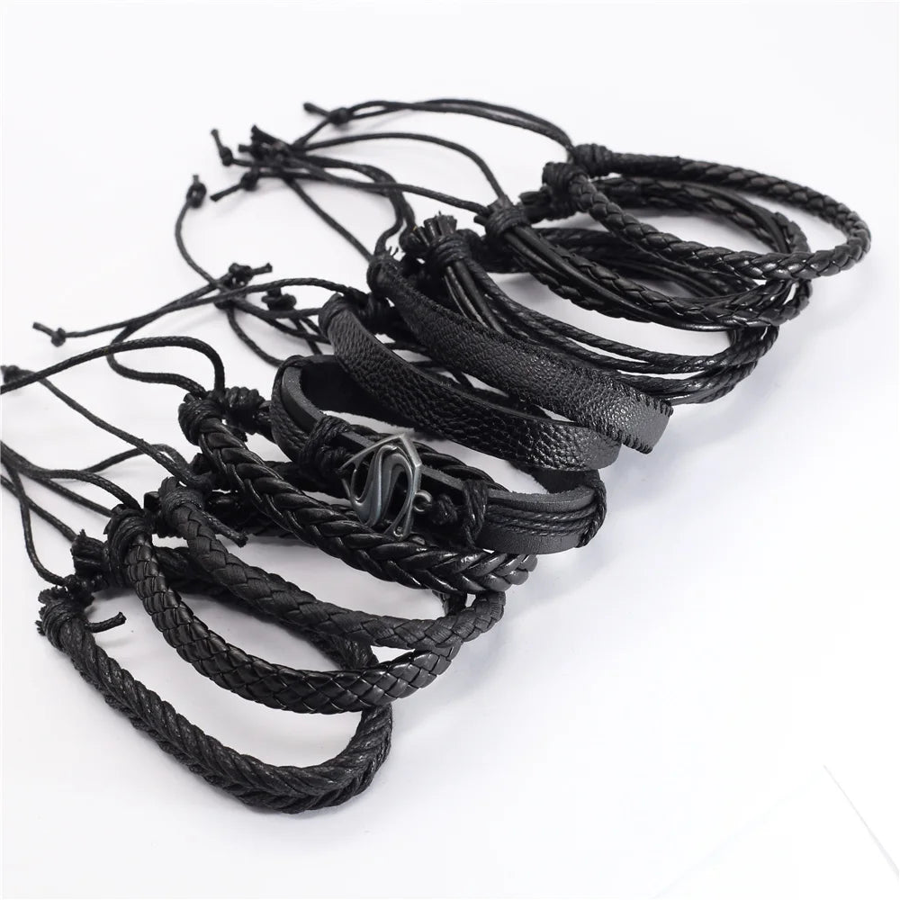 10PCS Black Woven Leather Bracelets – Handmade Unisex Bangles