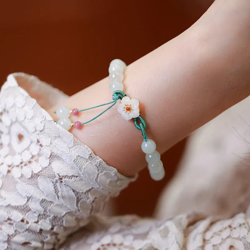 Jade Peach Flower Woven Bracelet – Handmade Beads Jewelry for Women