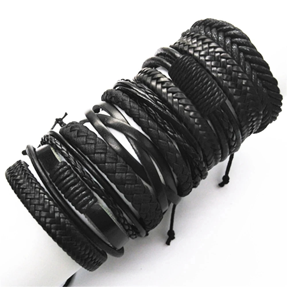 10PCS Black Woven Leather Bracelets – Handmade Unisex Bangles