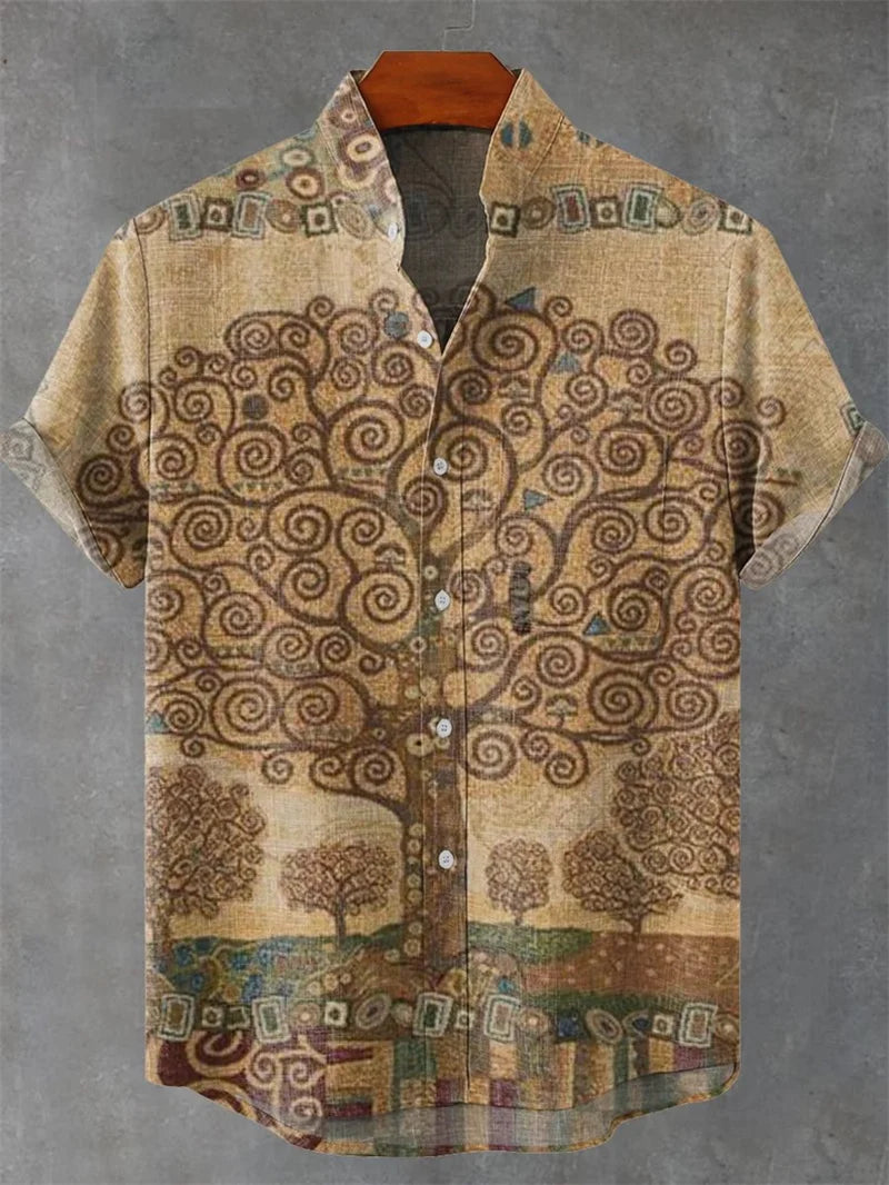 New Men's Comfortable Linen Short Sleeve Shirt High Quality Costume Art Print Cartoon Cat Pattern New Series