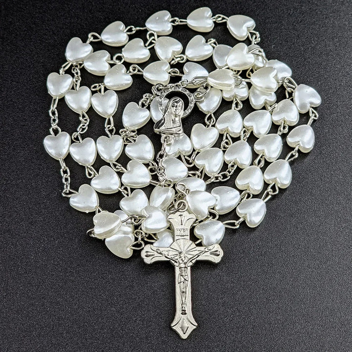 White Heart Rosary Necklace with Virgin Mary & INRI Cross Pendant
