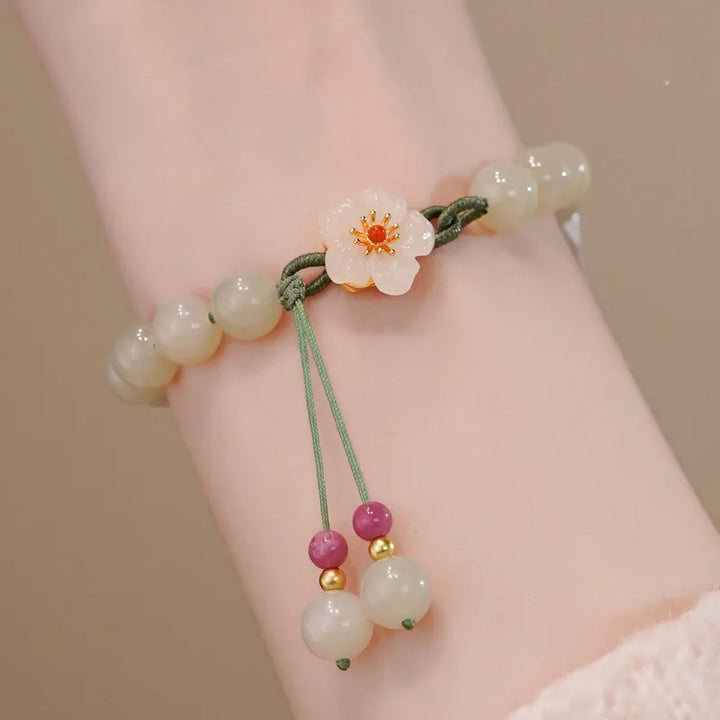 Jade Peach Flower Woven Bracelet – Handmade Beads Jewelry for Women