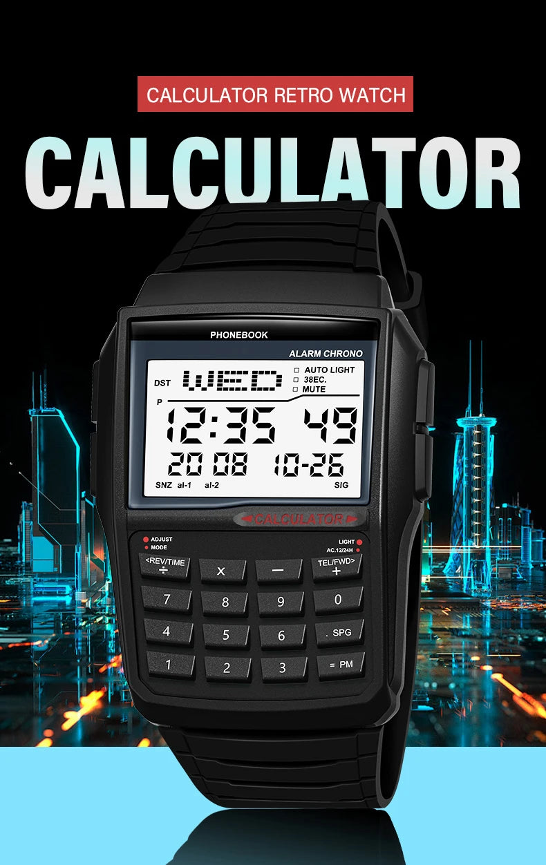 Multifunctional Men's Calculator Watch Fashion Luxury LED Electronic Watch Digital Sports Waterproof Watch Computer Style