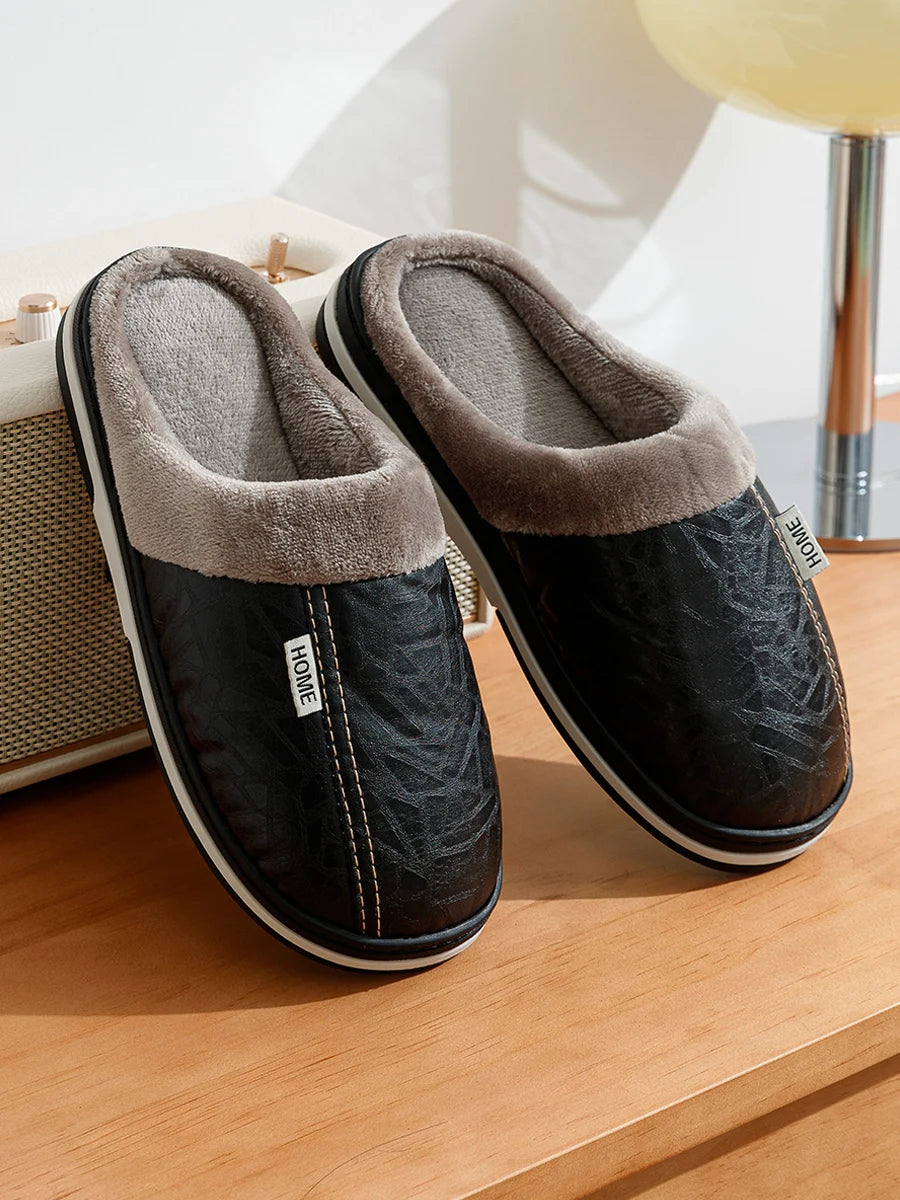 PU Leather Big Sizes Men slippers Indoor Waterproof Fur Flat Men's Winter Home Slipper Cotton Bedroom Houseshoes