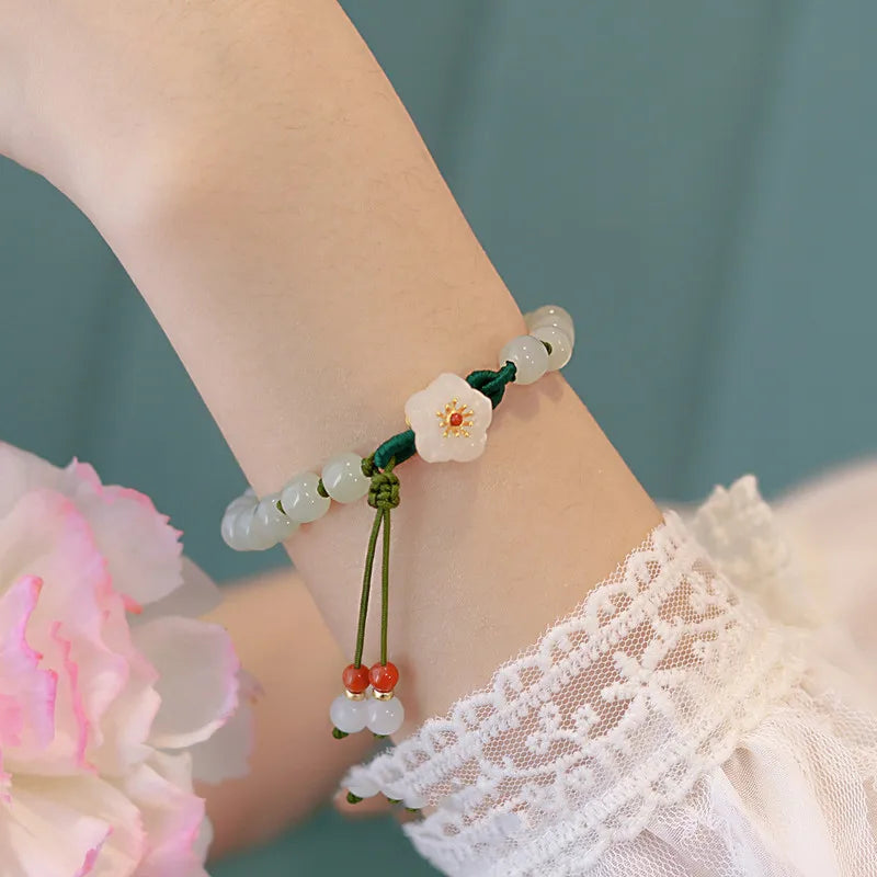 Jade Peach Flower Woven Bracelet – Handmade Beads Jewelry for Women