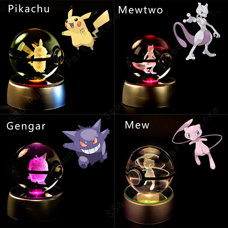 3D Pokémon Crystal Ball Lamp – Pikachu, Gengar & Mewtwo Night Light