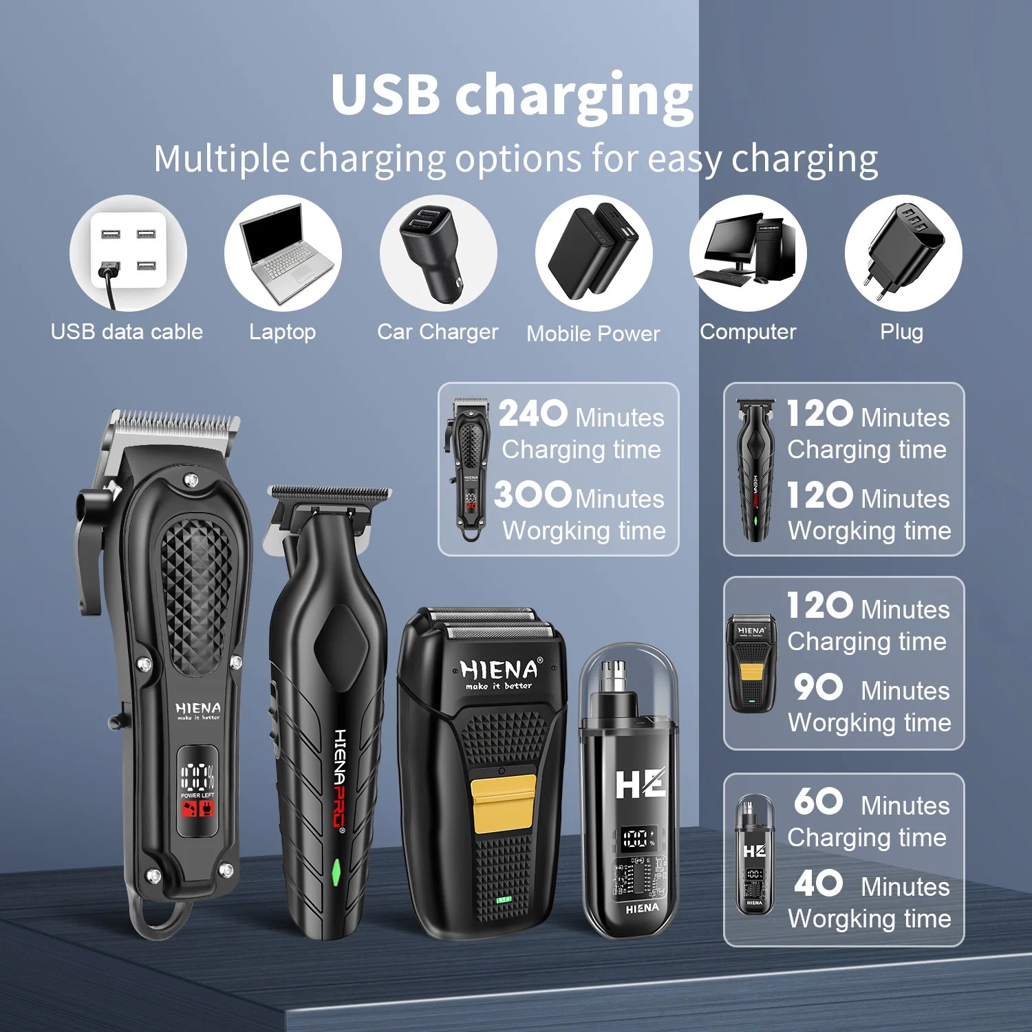 hiena Finish Machine Electric Professional Electric Hair Clippers Beard Clipper Rechargeable Men's Shaver Hair Trimmer Kit