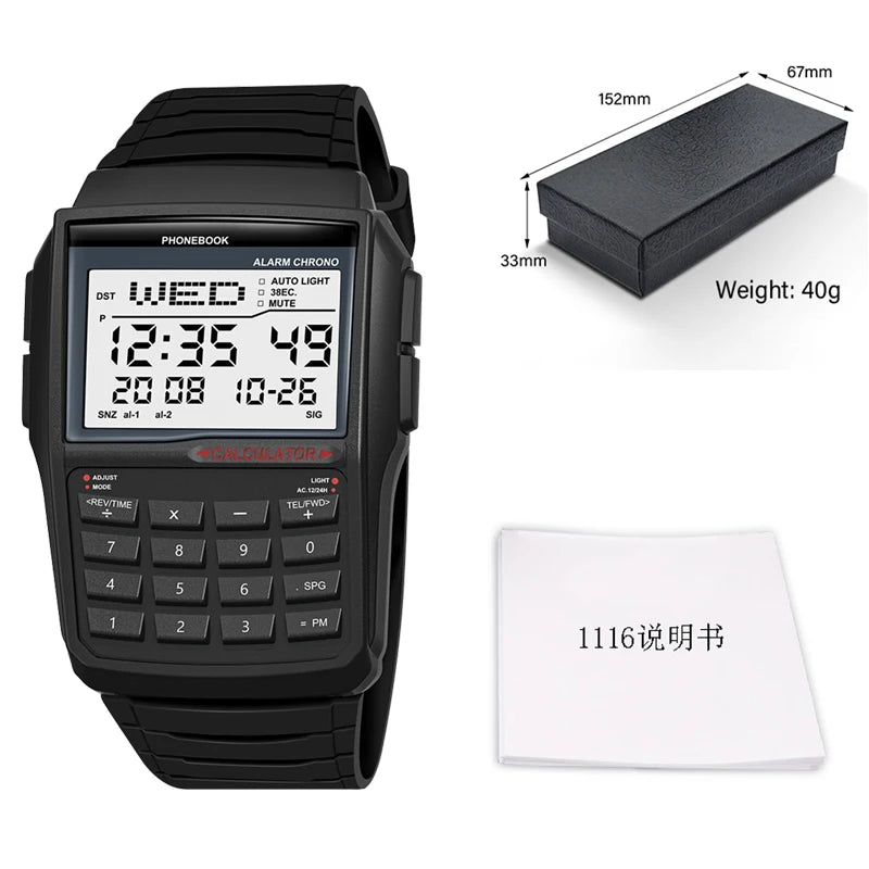 Multifunctional Men's Calculator Watch Fashion Luxury LED Electronic Watch Digital Sports Waterproof Watch Computer Style