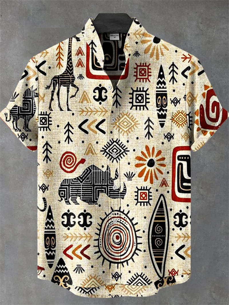 New Men's Comfortable Linen Short Sleeve Shirt High Quality Costume Art Print Cartoon Cat Pattern New Series