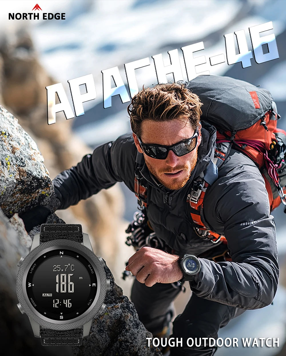 NORTH EDGE APACHE-46 Men Digital Watch Outdoor Sports Running Swimming Outdoor Sport Watches Altimeter Barometer Compass WR50M
