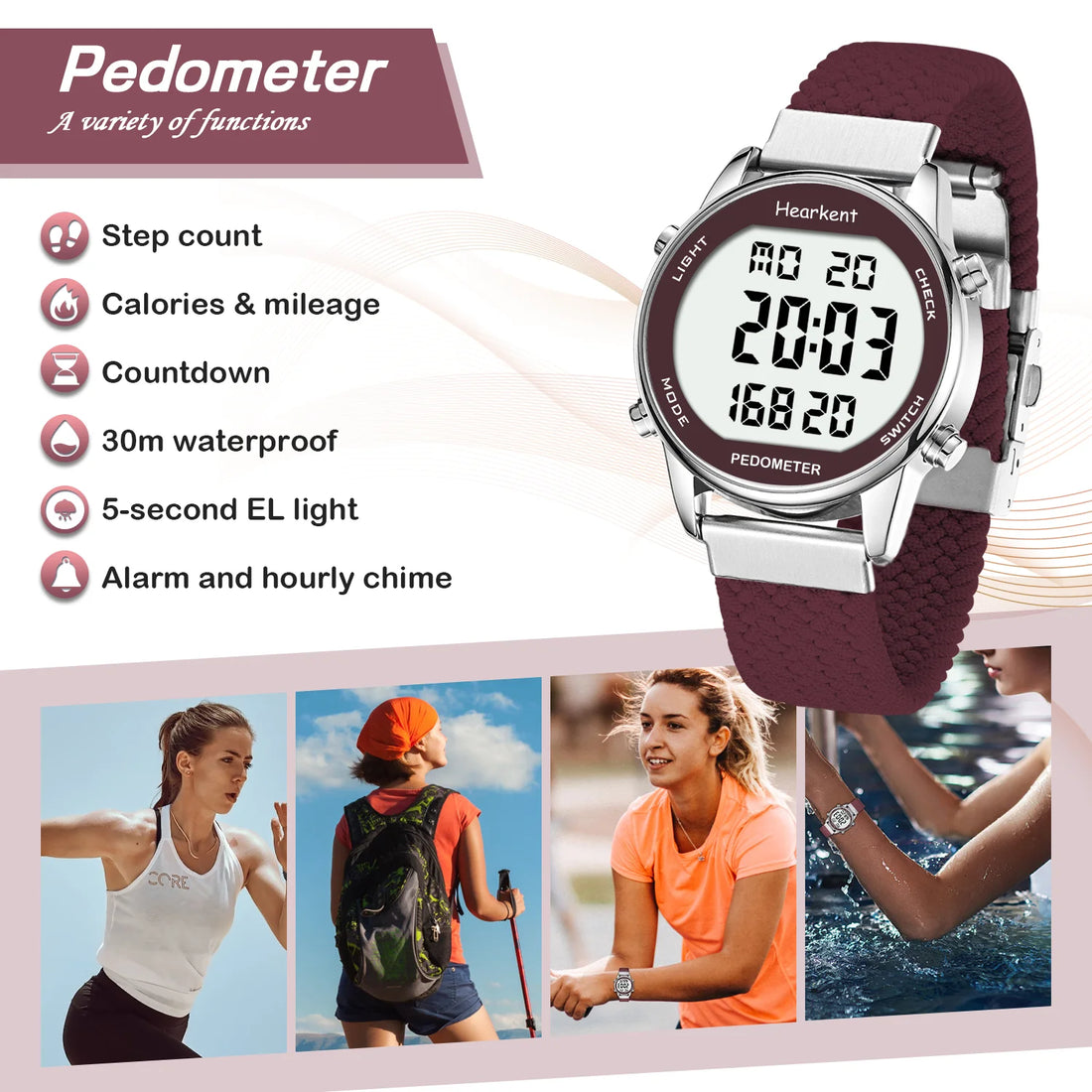 Hearkent Pedometer Sport Watches Step Counter Watch Women Digital Watches Calories Mile Stopwatch Countdown for Walking Tracker