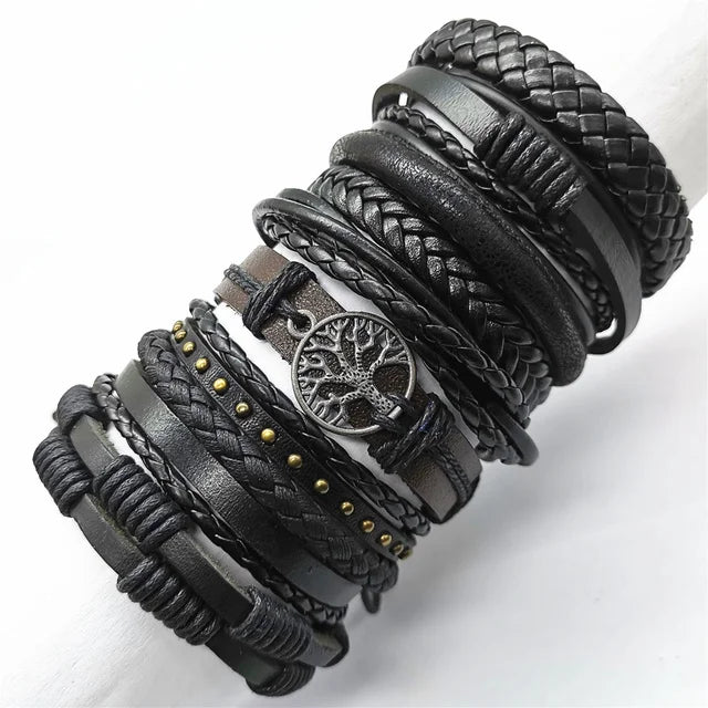 10PCS Black Woven Leather Bracelets – Handmade Unisex Bangles