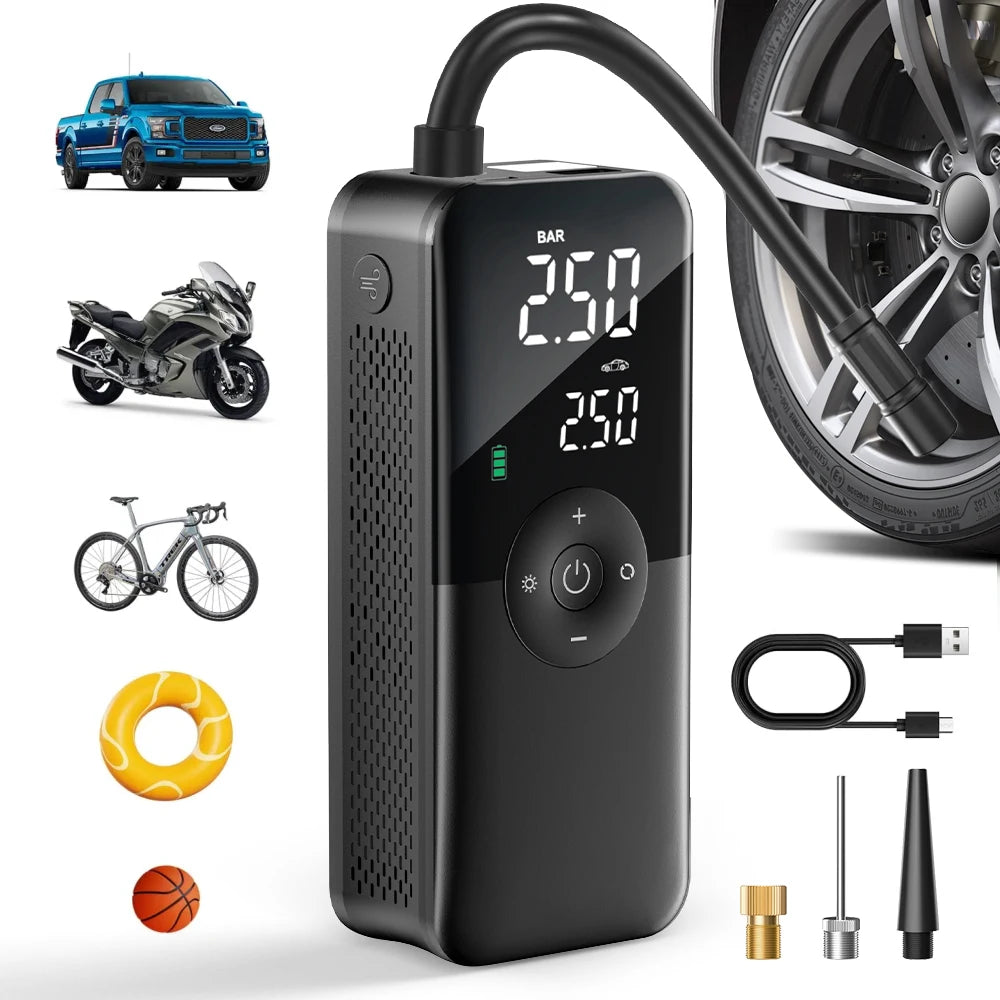 CARSUN Portable Tire Inflator – Rechargeable Digital Air Pump for Car, Bike & Sports Balls