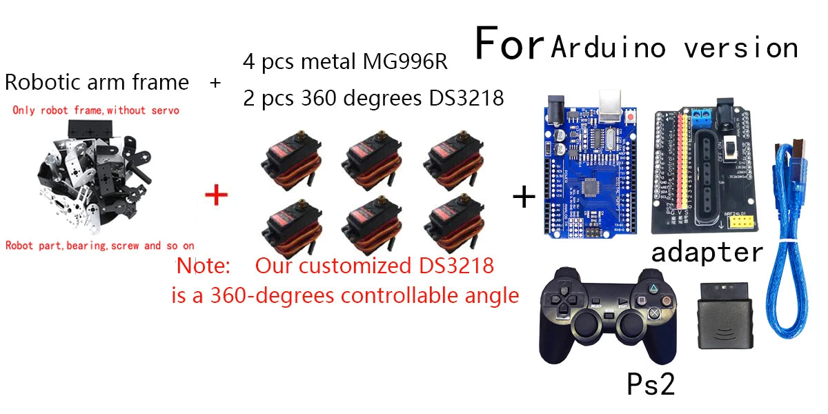 360 Degrees 6 DOF Robot Metal Alloy Mechanical Arm Claw Kit MG996R for Arduino Robotics Kit Educational Ps2 Programmable Toys