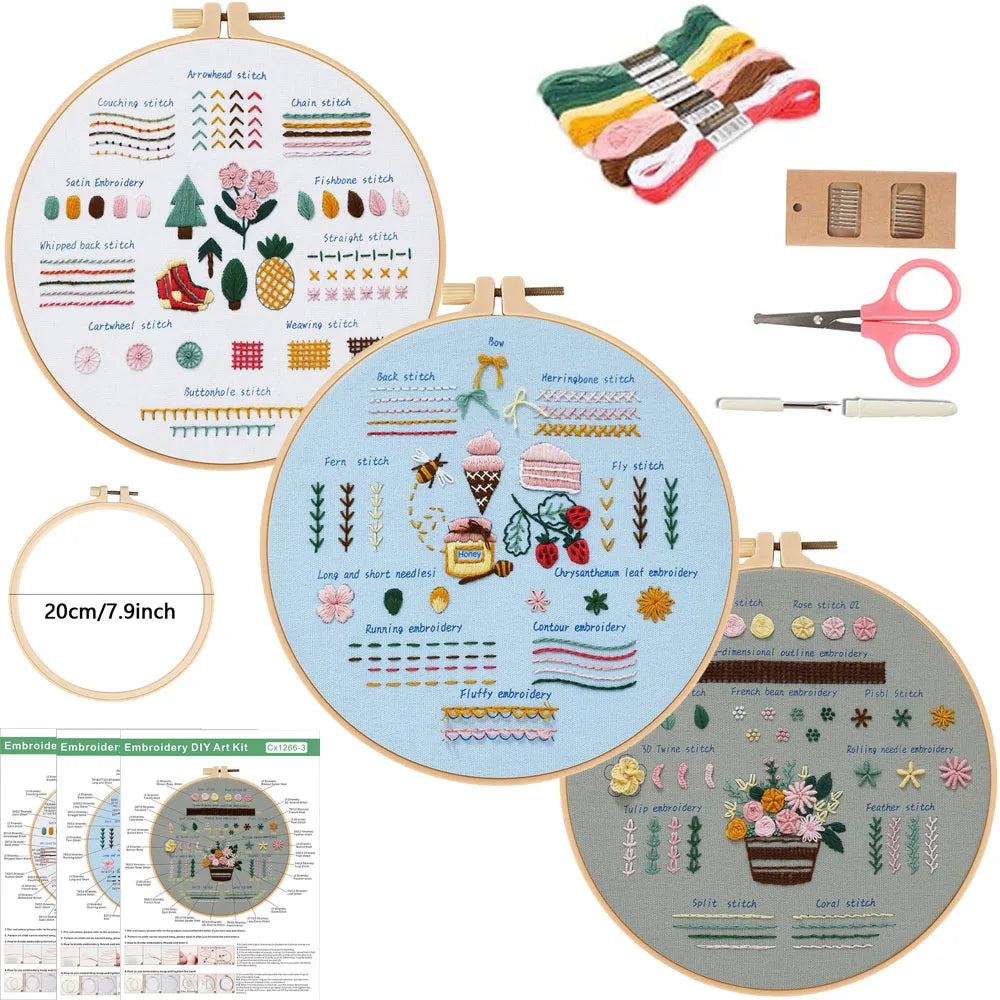 Embroidery Kit for Beginners – 3 Set Starter Pack with Tools