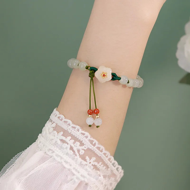 Jade Peach Flower Woven Bracelet – Handmade Beads Jewelry for Women