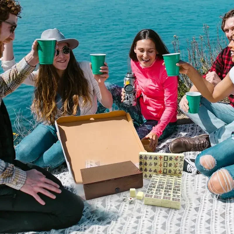 Chinese Mahjong Set – 144 Mini Engraved Tiles for Family Game Play